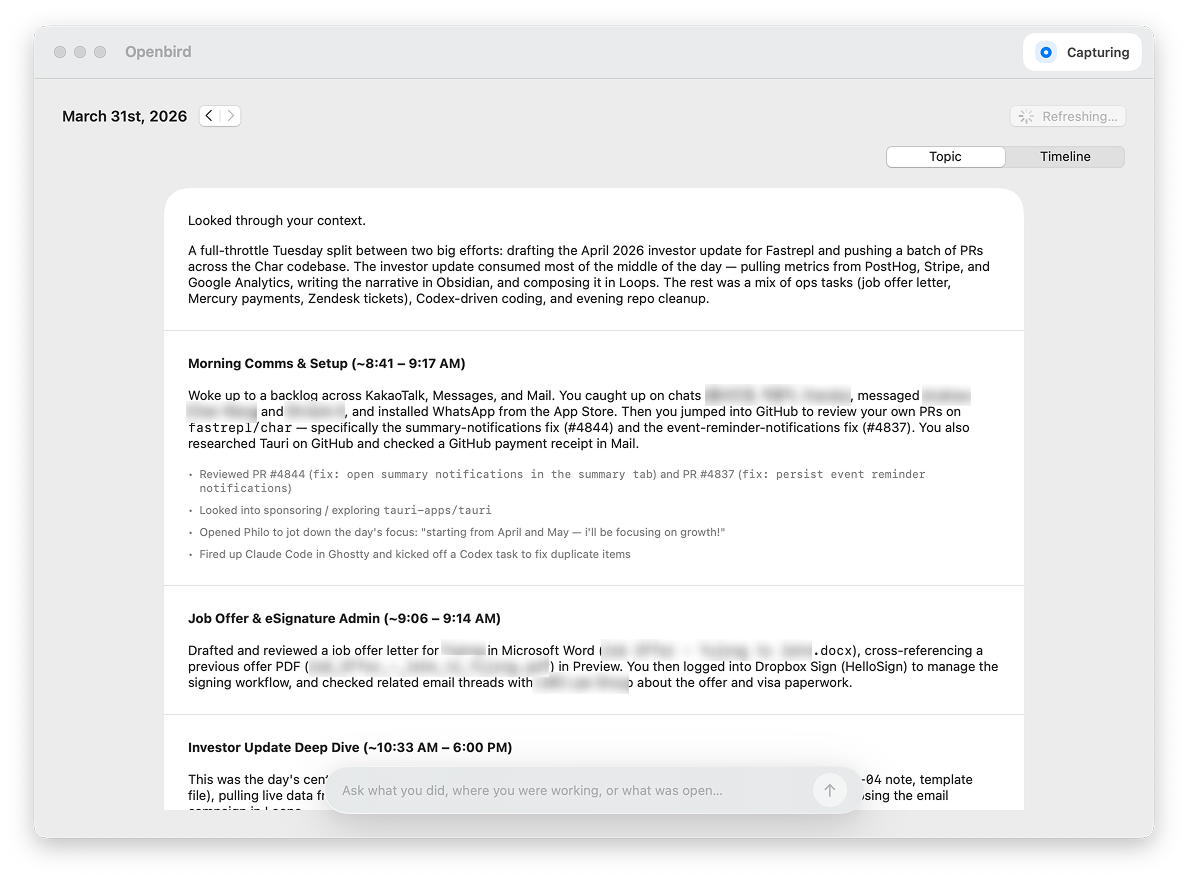 Openbird Today view showing a generated daily review timeline on macOS